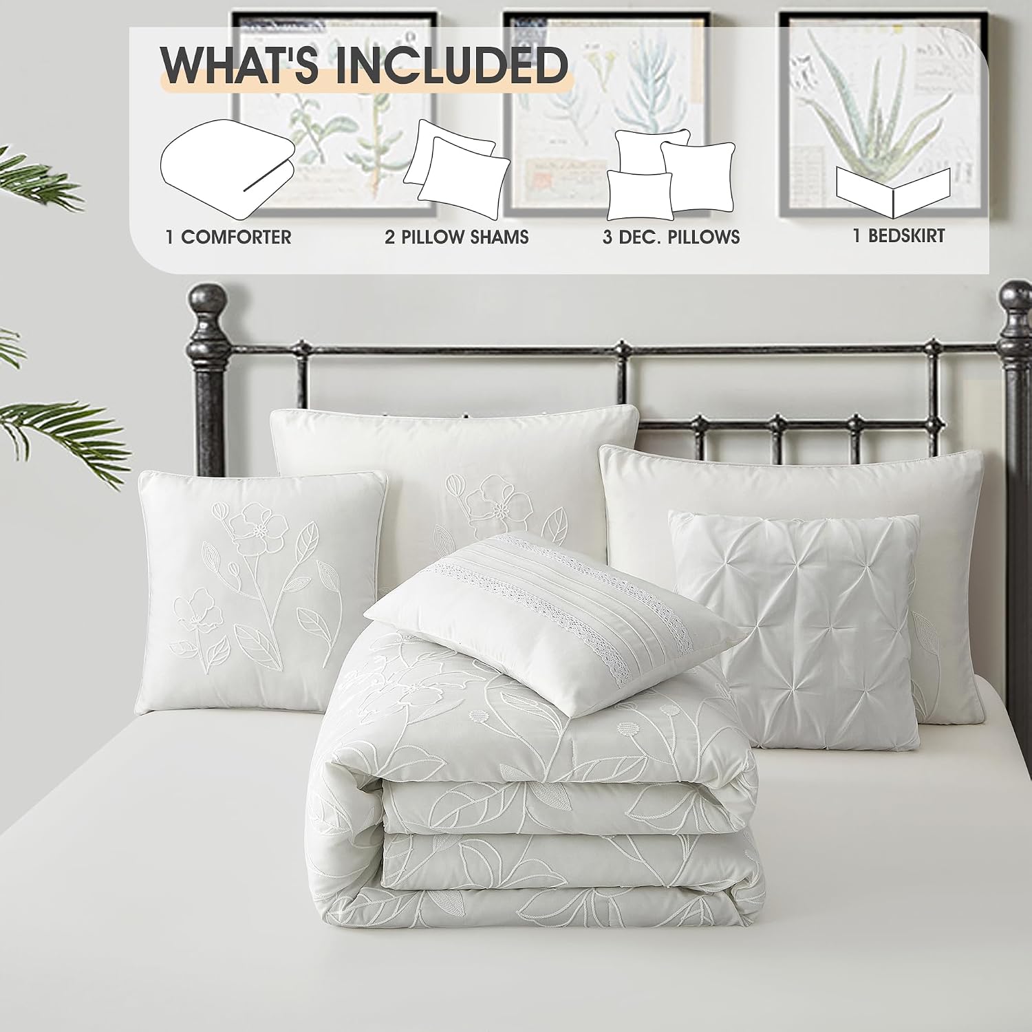 LANCO MODERN LIFESTYLE Beige Queen Comforter Set, Chain Stiching 3D Floral Embroidery, Exquisite and Elegant Bedding Sets, 7 Pieces Bed in a Bag, Bedskirt, Pillow Shams and Decor Pillows