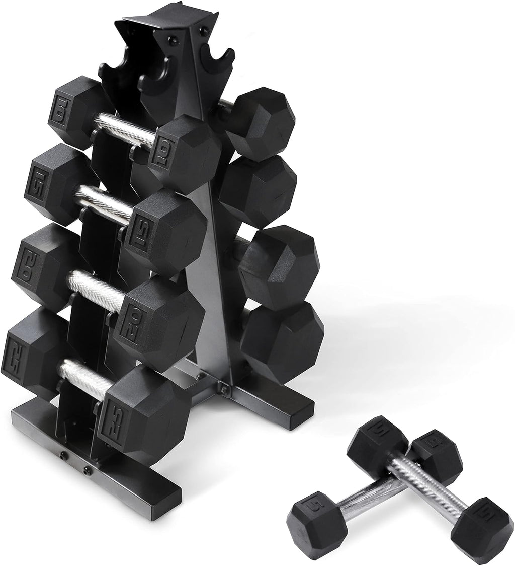 WF Athletic Supply 5-25Lb Rubber Coated Hex Dumbbell Set with A Frame Storage Rack Non-Slip Hex Shape for Muscle Toning, Strength Building & Weight Loss - Multiple Choices Available