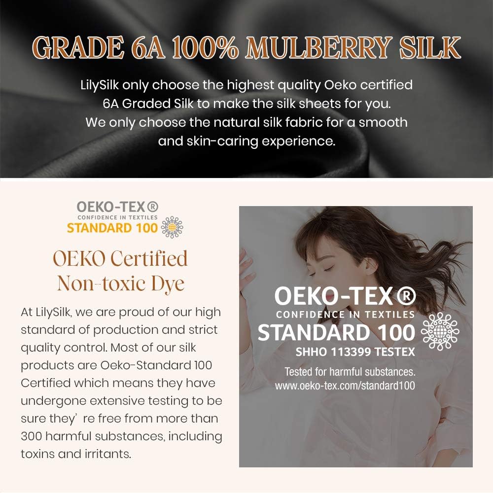 LILYSILK 3 Piece 100 Silk Fitted Sheets Set, 2 Terse Pillowcases, 16' Deep Pockets, Luxury Soft Premium 19 Momme Mulberry Silk (Silvergray, Queen)