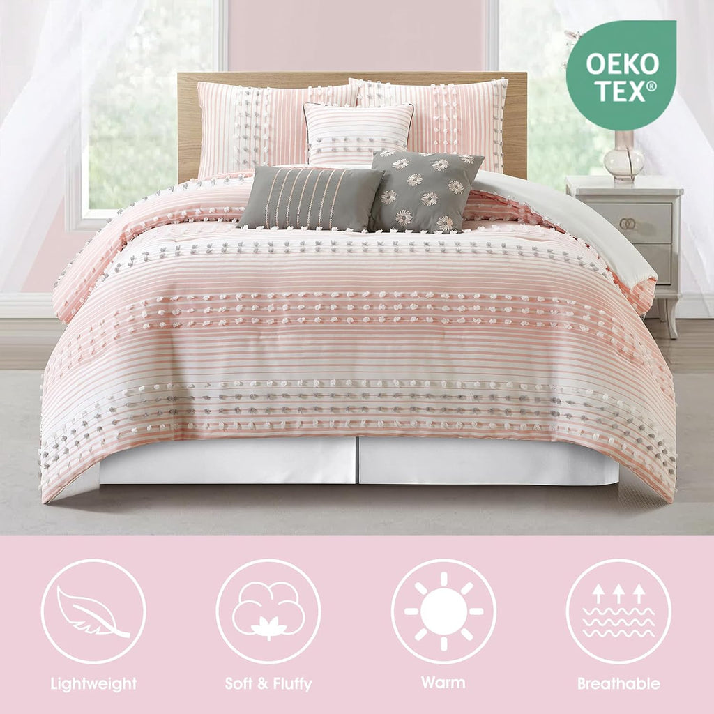 LANCO MODERN LIFESTYLE California King Comforter Set, Pink, Jaquard Clip Striped Design, Elegant Soft 7 Pieces Bedding Set for All Seasons, Matching Bedskirt, Pillow Shams and Decor Pillows