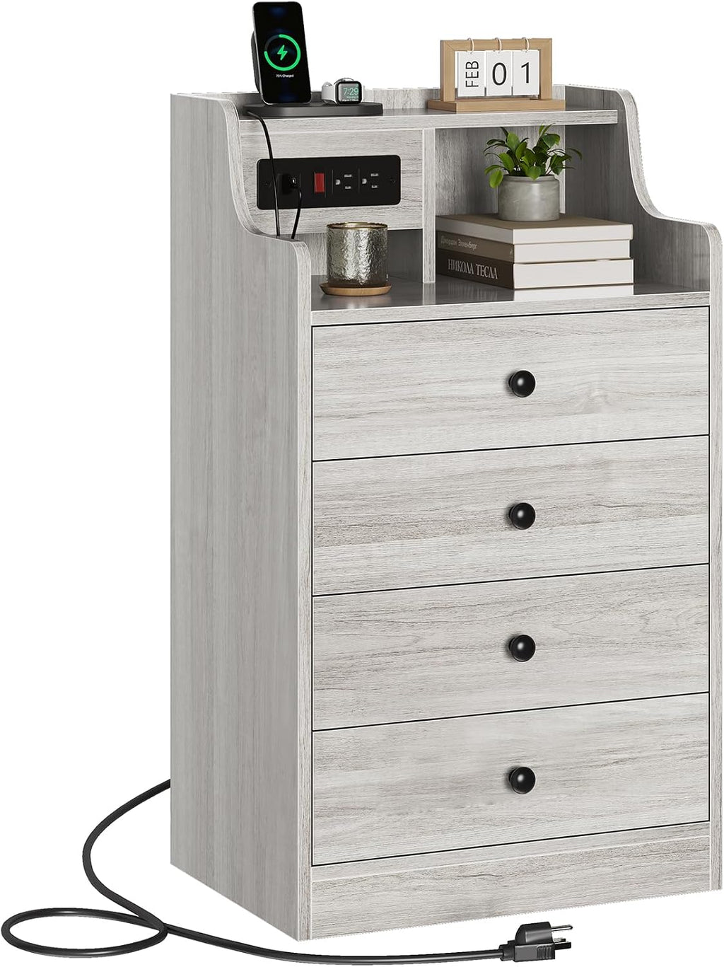 ADORNEVE Night Stand Set 2,Grey Nightstand with Charging Station & Hutch,Night Stands for Bedrooms Set of 2,Bedside Table with 4 Drawers