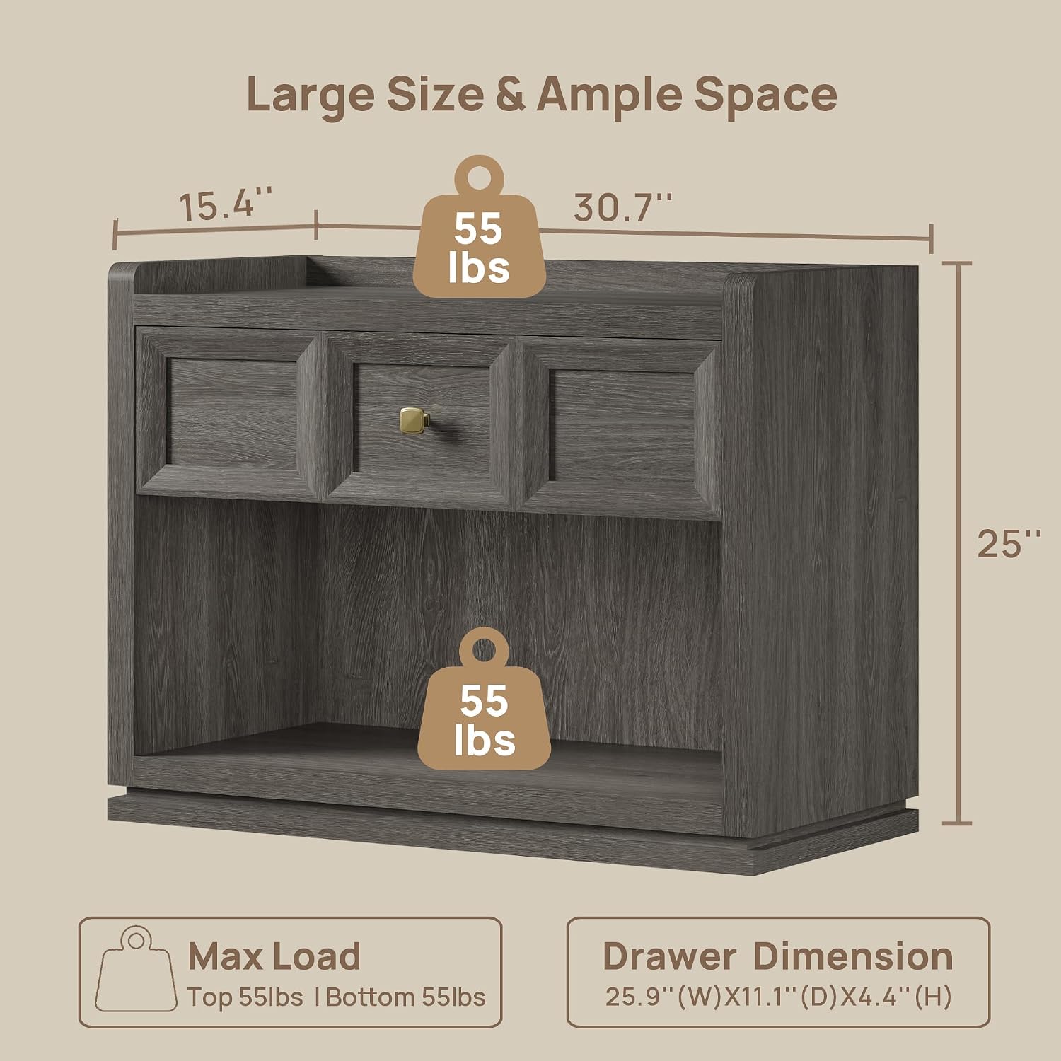 SICOTAS 31' Wide Nightstands Set of 2, Large Night Stands with Drawer, Oversized King Size Nightstand Bedside Table for Bedroom, Farmhouse End Side Table Set of 2 (Dark Grey Oak, 31-Inch)