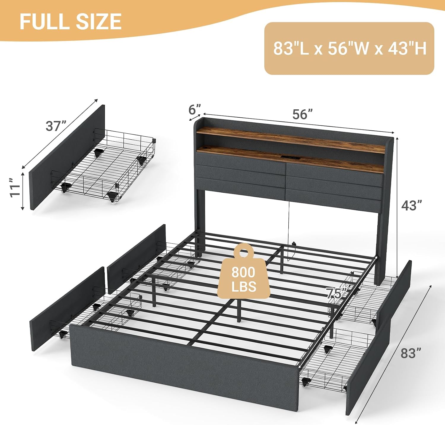 Zevemomo Full Bed Frame with 4 Drawers, Upholstered Full Size Bed Frame with Headboard, LED, Charging Station with USB Ports & AC Outlets, Sturdy Metal Slat Support, Noiseless, Gray
