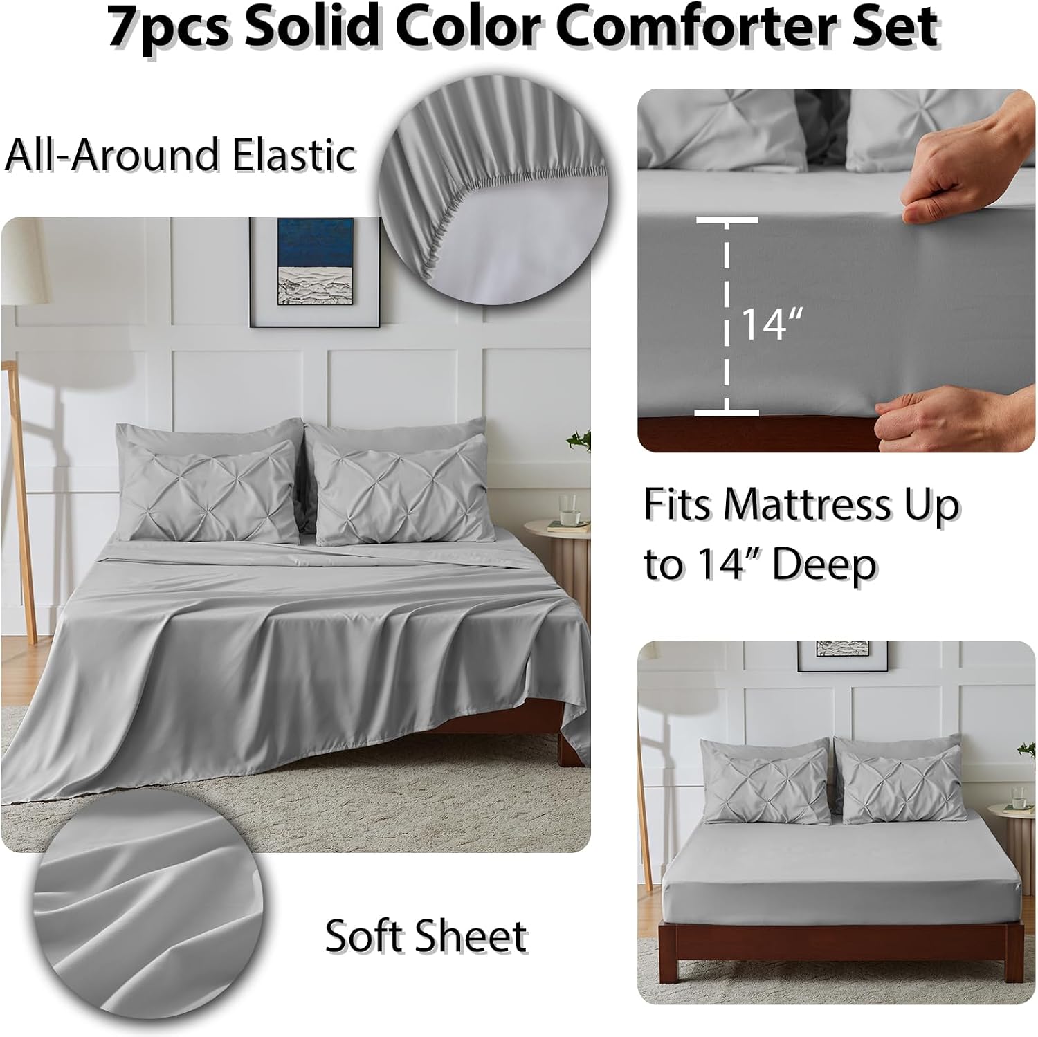 King Size Comforter Set 7 Pieces Bed in a Bag 100% Cotton Light Gray Comforter King Pintuck Bed Sets Pinch Pleat Bedding Sets Comforter, Flat Sheet, Fitted Sheet, Pillowcases & Shams
