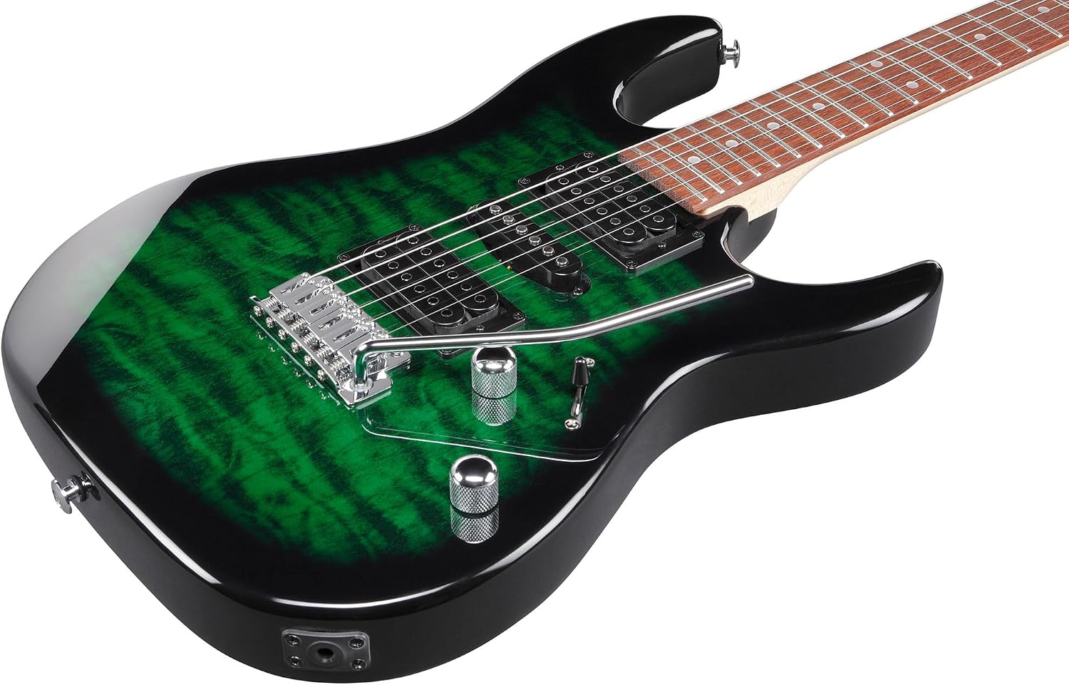 Ibanez GRX70QA RG Gio Electric Guitar - Transparent Emerald Burst Bundle with Amplifer, Gig Bag, Tuner, Instrument Cable, Picks, Austin Bazaar Instructional DVD, and Polishing Cloth