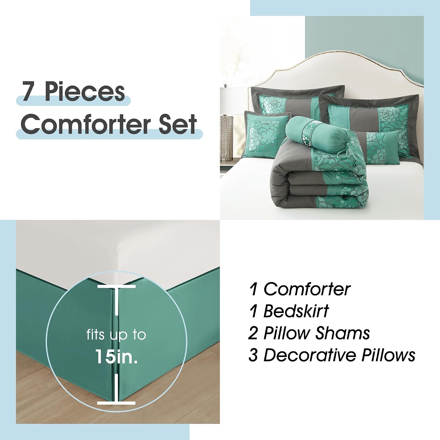 LANCO MODERN LIFESTYLE 7 Piece Queen Comforter Set, Aqua Grey, Elegant Floral Jacquard, Stylish and Cozy Bedding Collection, Premium Bedding Set with Bedskirt, Shams and Pillows