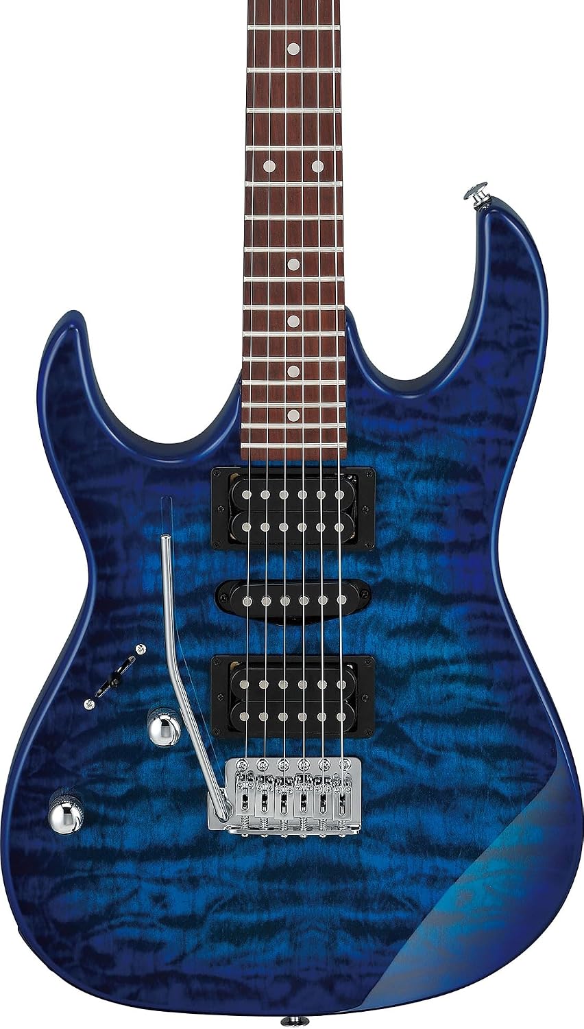 Ibanez GRX70QAL RG Gio Electric Guitar, Left Handed - Transparent Blue Burst Bundle with Amplifier, Gig Bag, Tuner, Cable, Picks, Austin Bazaar Instructional DVD, and Polishing Cloth