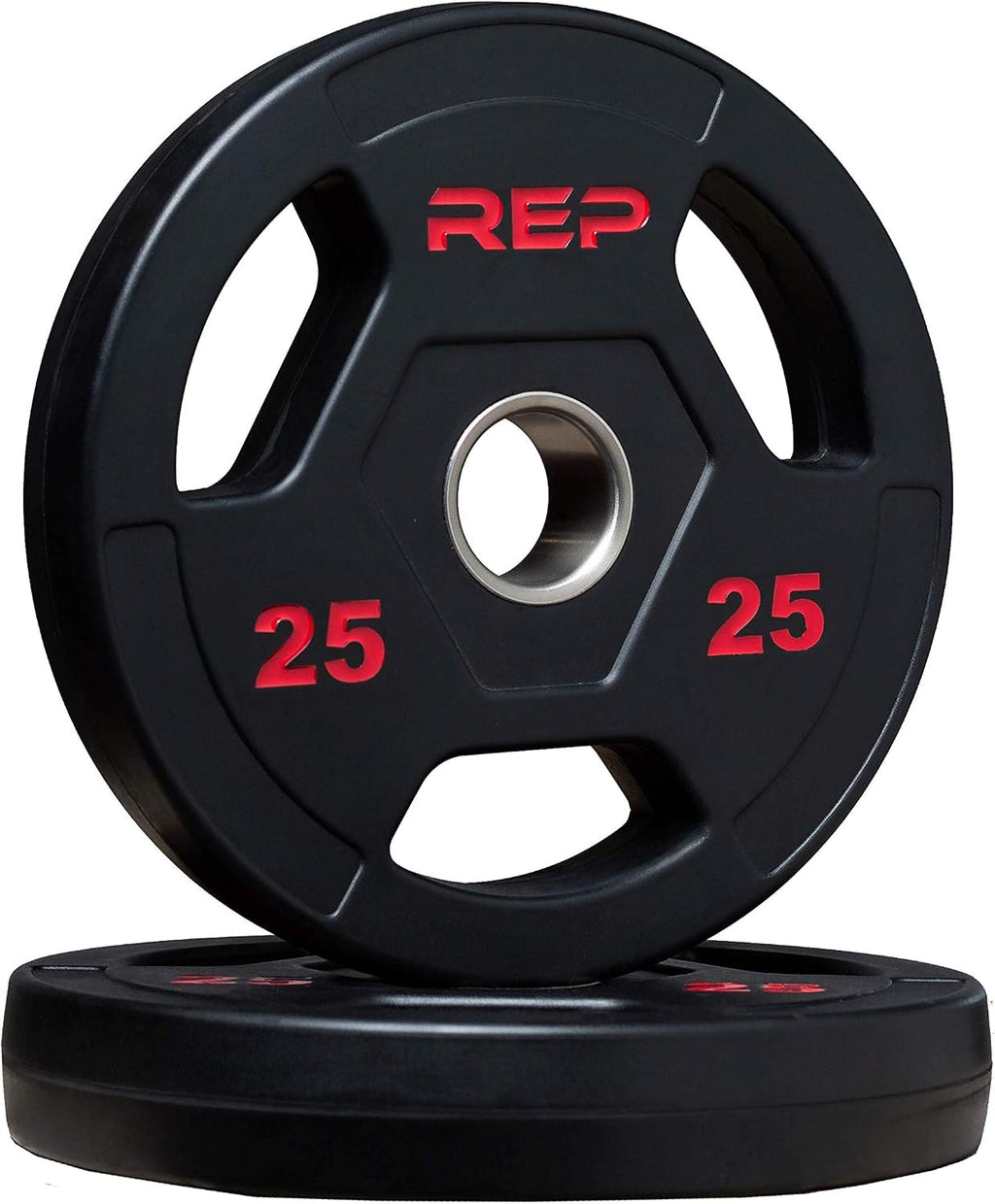 REP Fitness Rubber Coated Olympic Plates, Updated Design - Tri-Grip Olympic Barbell Weights – Sold in Pairs and Sets…