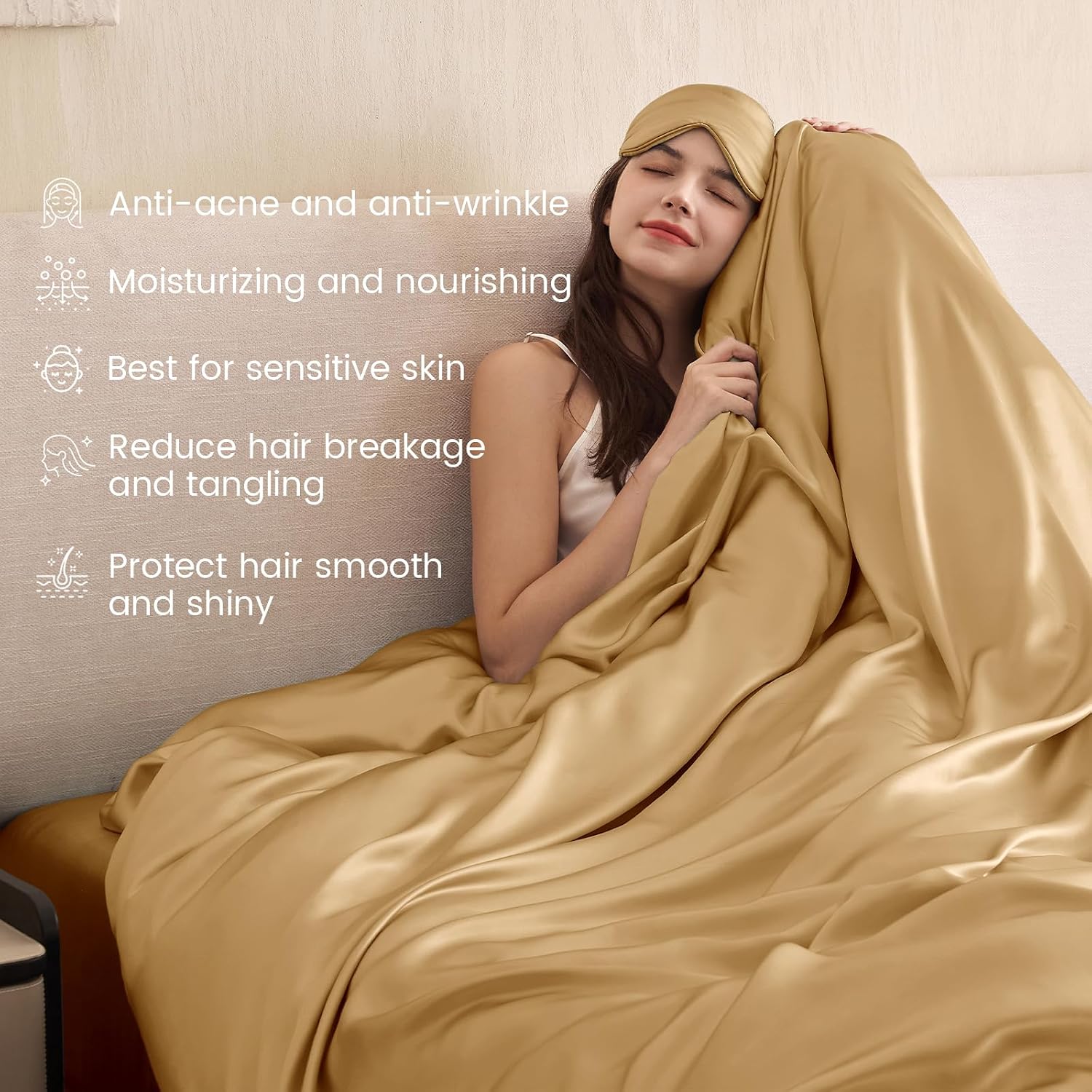 THXSILK 100% Pure Mulberry Silk Duvet Cover Set 3 Piece, 6A+ Grade Luxury Soft Bedding Silk Sheets for Hair and Skin, 1 Pcs Quilt/Comforter Cover with 2 Zippered Pillowcases (Metallic Gold, Full)