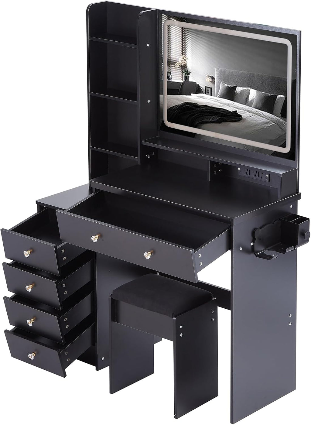 41' Queen Size Left Nightstand Dresser Set with Upholstered Stool, 2 AC Outlets + 2 USB Ports, Oversized Touch LED Mirror, 3 Colour Dimmer Switch (Black + MDF + American Design)