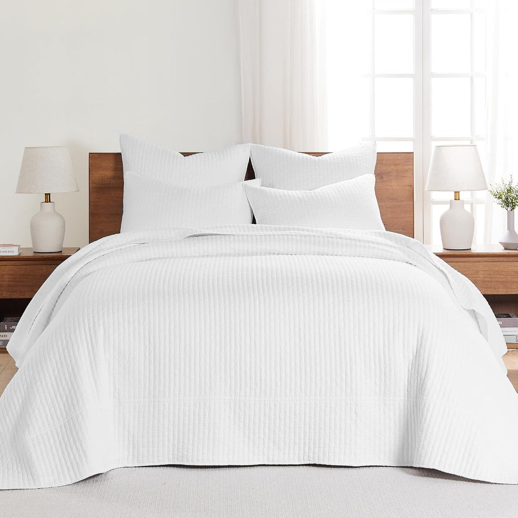 Levtex Home Cross Stitch Reversible Queen Bedspread Set (104x106in) with 2 Pillow Shams (26x20in) - Stitch Texture - Bright White - Cotton Queen Size Bedspread Set - Lightweight, Soft, Pre-Washed