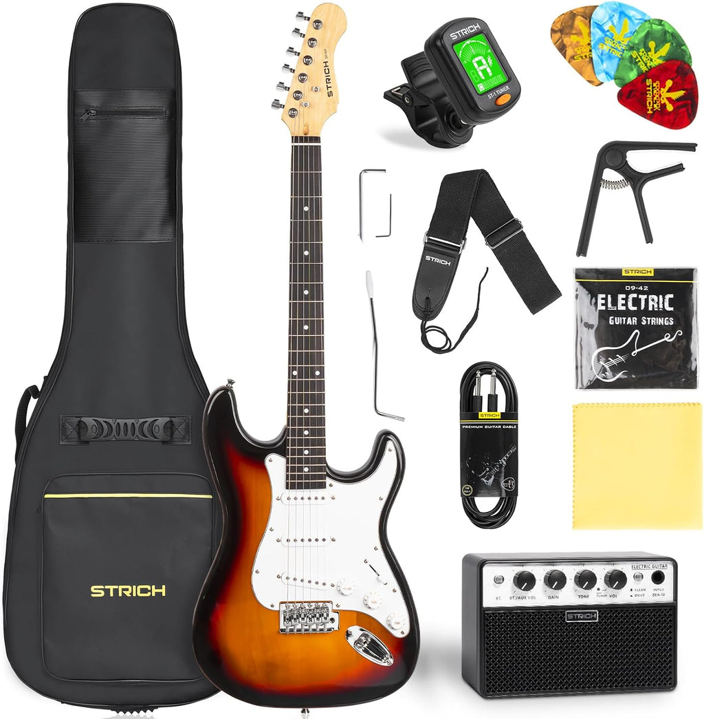 STRICH Electric Guitar Beginner Kit, Solid Body 39' Full Size Electric Guitar SSS Pick Up for Starter, with 5W x 2 Amp, Bag, Digital Tuner, Capo, Strap, String,Cable, Picks, SST-S10 Sunburst