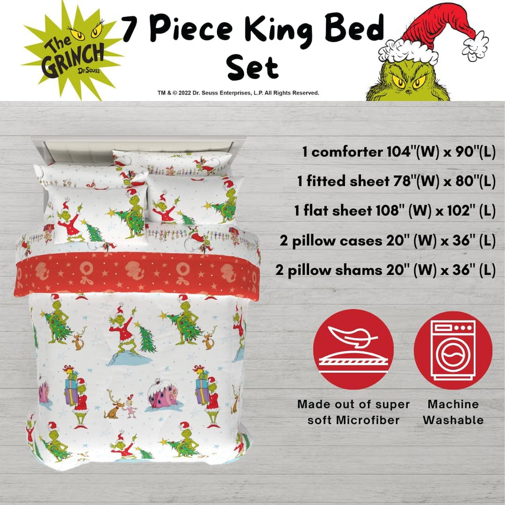 Grinch by Dr. Seuss Holiday & Christmas Bedding Super Soft Comforter and Sheet Set with Sham, 7 Piece King Size (Official Dr. Seuss Product) by Franco