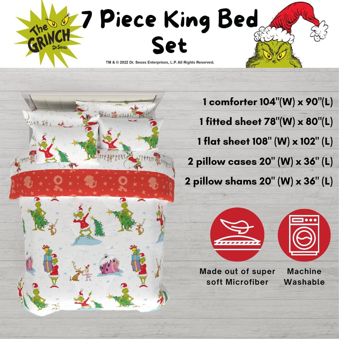 Grinch by Dr. Seuss Holiday & Christmas Bedding Super Soft Comforter and Sheet Set with Sham, 7 Piece King Size (Official Dr. Seuss Product) by Franco