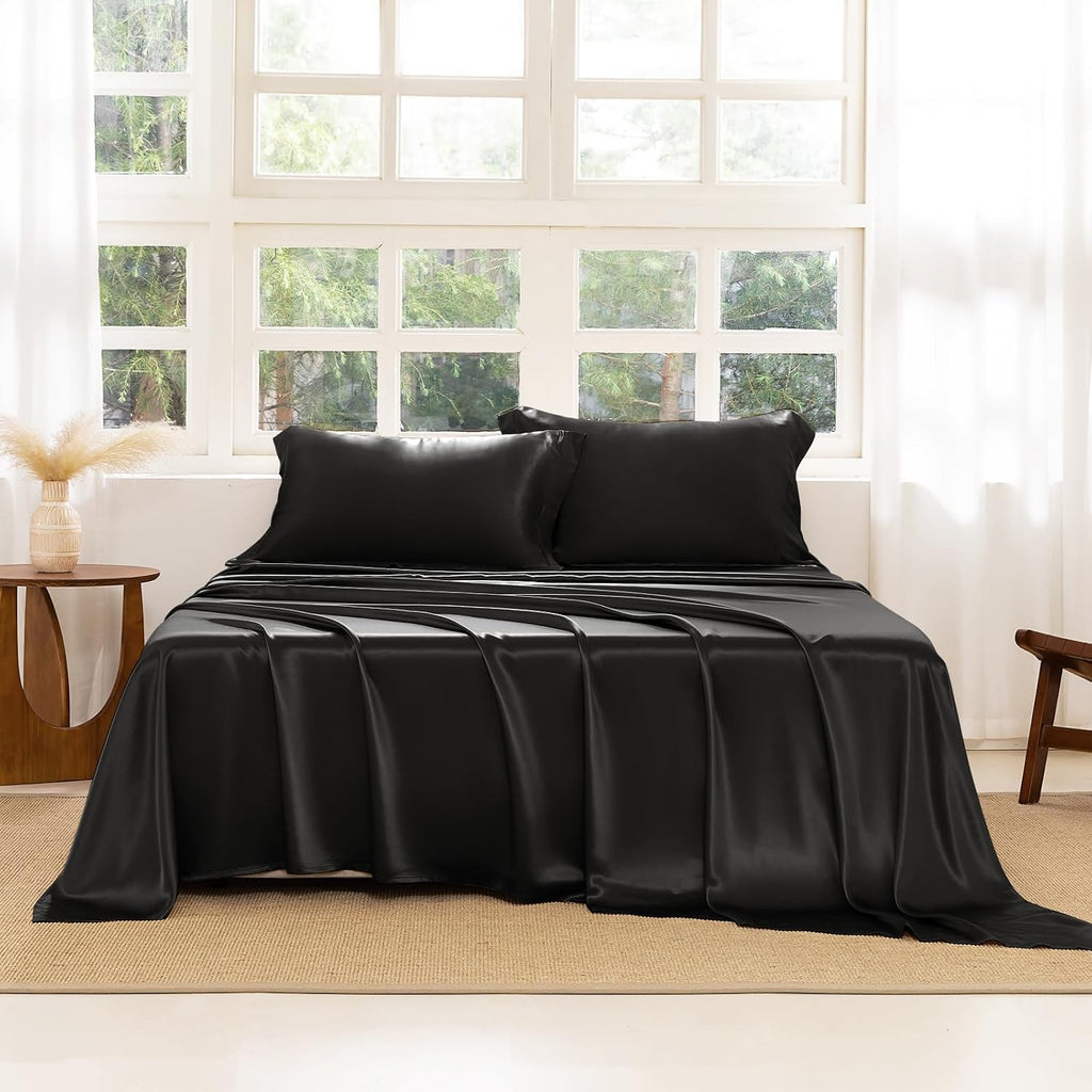 THXSILK Silk Sheet Set 4 Pcs, Queen Size Sheet Set, 22 Momme 7A+ Silk Sheets, Soft and Breathable Bed Sheets with 1 Flat Sheet, 1 Fitted Sheet, 2 Pillow Shams, Black