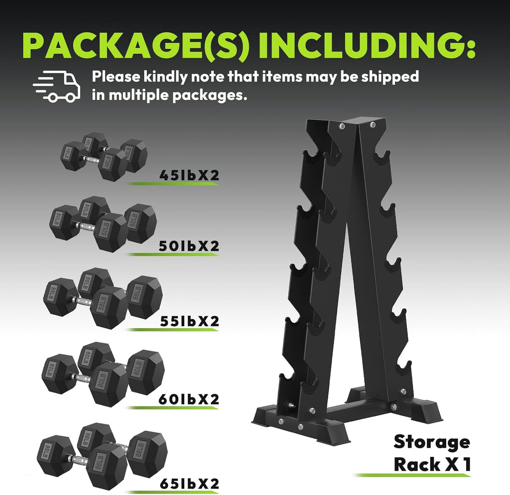 HANDBODE Rubber Coated Hex Dumbbell Set with A-Frame Rack, 100 lb - 550 lb Multiple Options Weight, Hexagon Non-Rolling Shape, Ergonomic Knurled Handle, Home Gym Equipment for Strength Training
