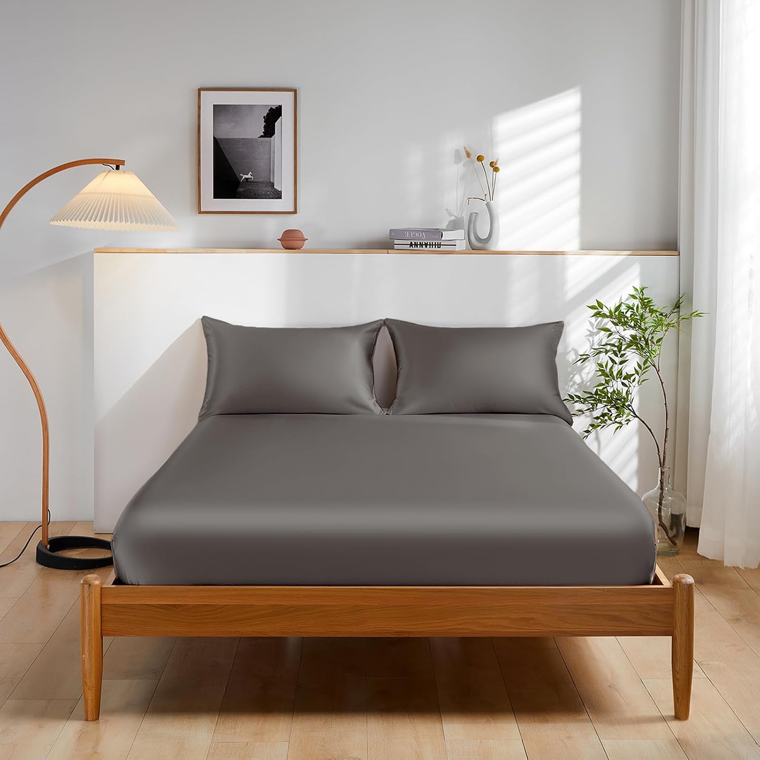 THXSILK 100% Mulberry Silk Bed Sheet Set - 3pcs Pure Silk Sheet Set - 16' Deep Pocket Fitted Sheet, 2 Pack Silk Pillowcase with Zipper Closure - Full Size, Dark Grey