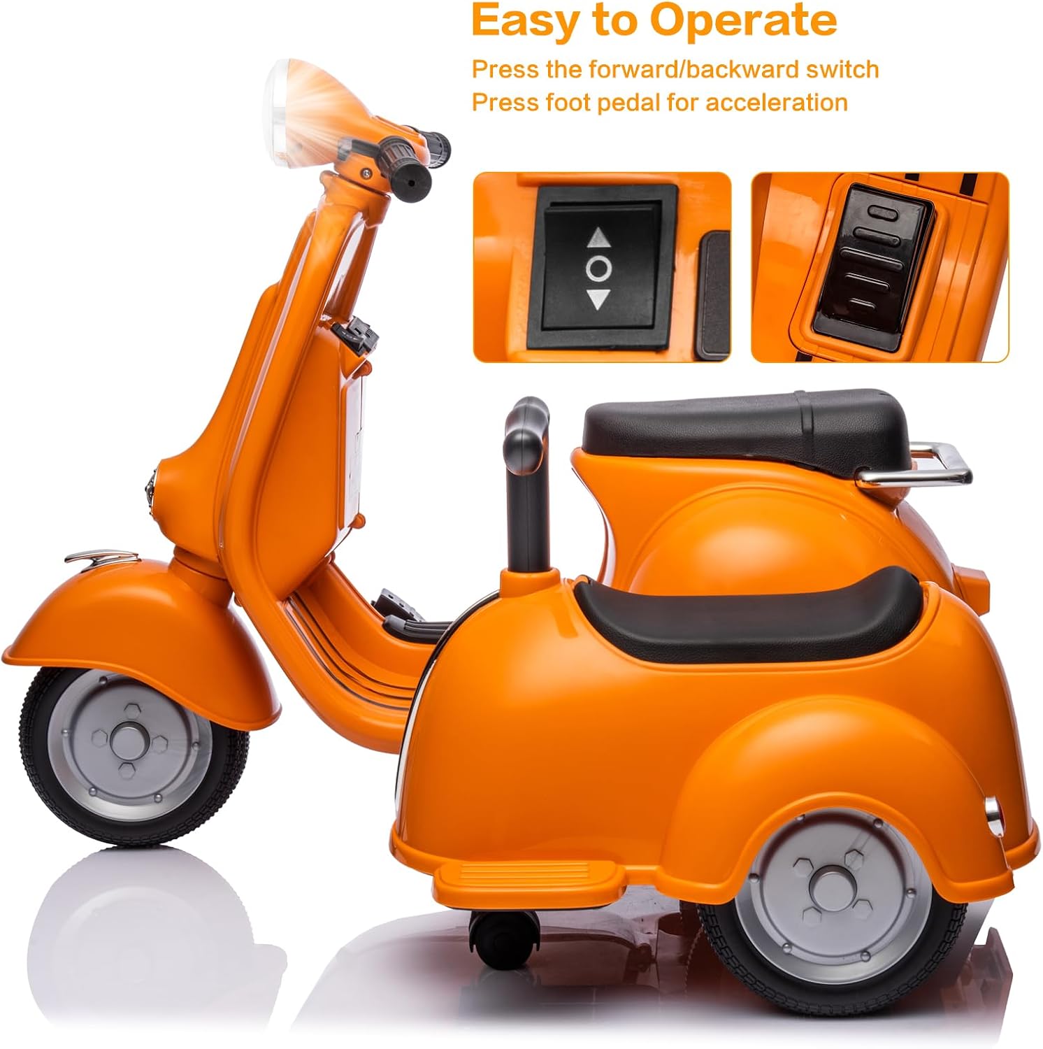 Licensed Vespa Kids Ride On Car with Side Car & Speaker | Motorcycle 2 Seater Three Wheeled Toy Car Rechargeable with Music Player, Volume Button, Lights, USB Plug, Forward, Backward, Orange