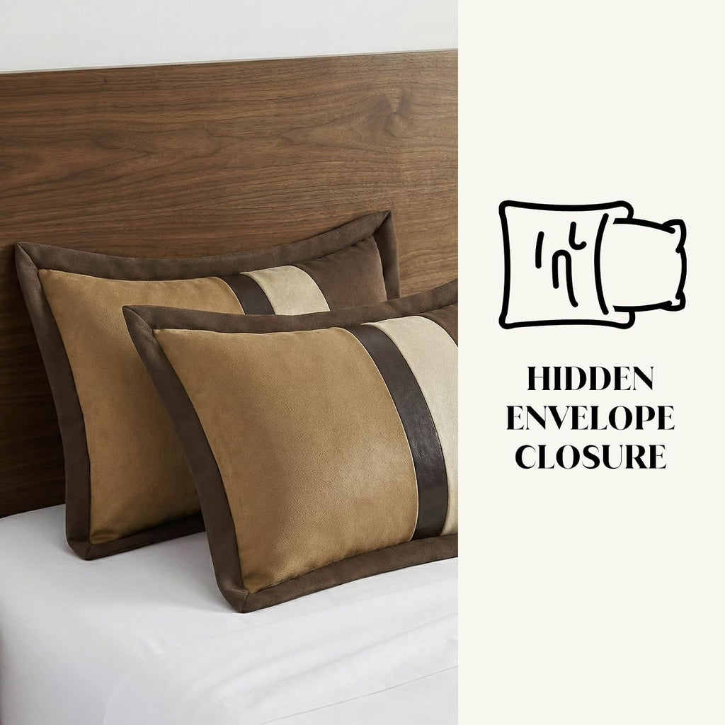 CozyDH Brown Queen Comforter Set - Luxury 7 Piece Faux Suede Bed in a Bag, Farmhouse Rustic Stripe & Pleated Pieced Design, All Season Down Alternative Bedding with Bedskirt, Shams, Decor Pillows