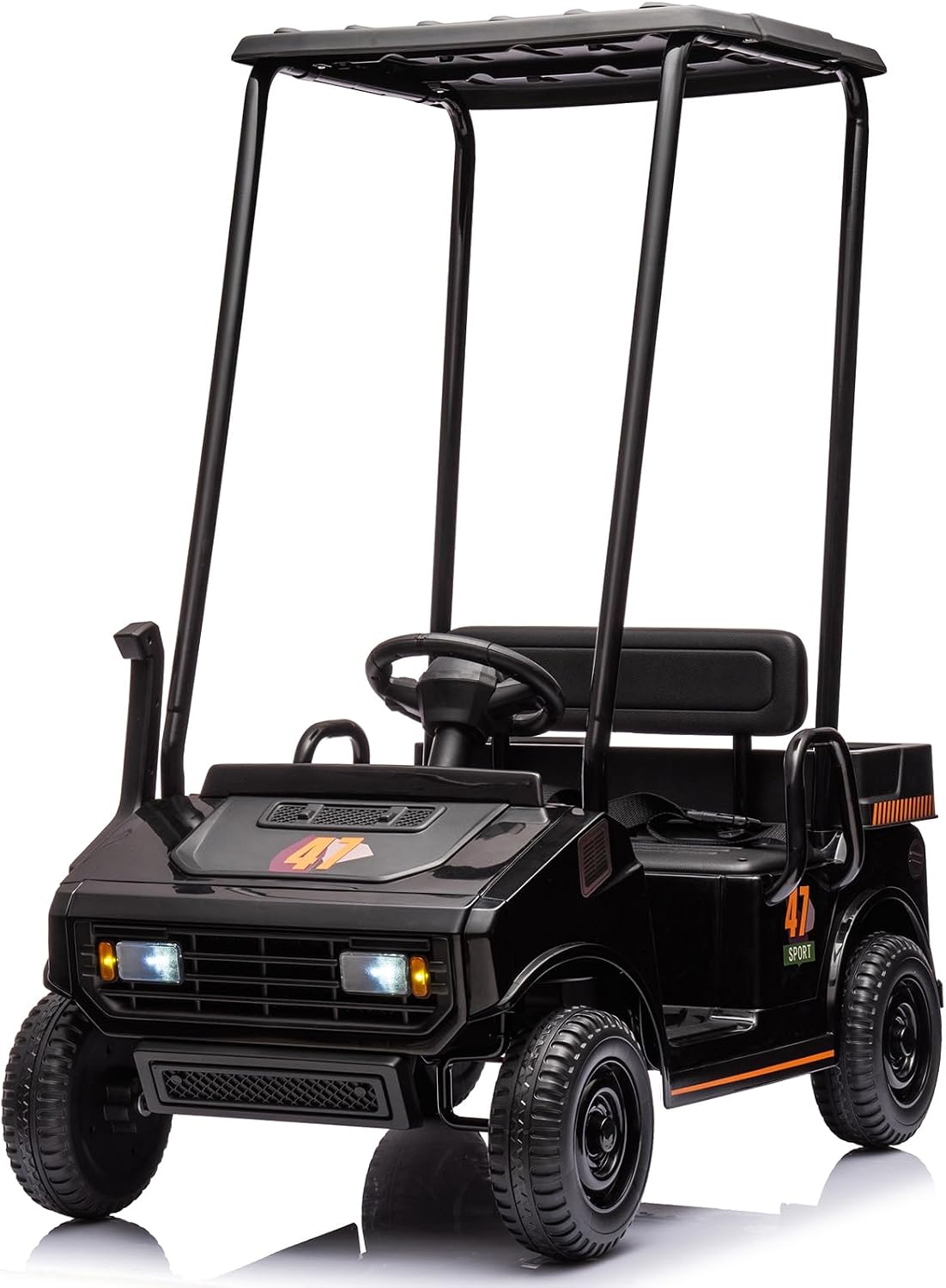 12V 7AH Golf Cart for Kids Boys Girls, Battery Powered Ride on Toys with Parent Remote Control, 2 Seater Ride on Golf Cart with Plastic Roof, Real Pedal, Music Player, Horn (Black)