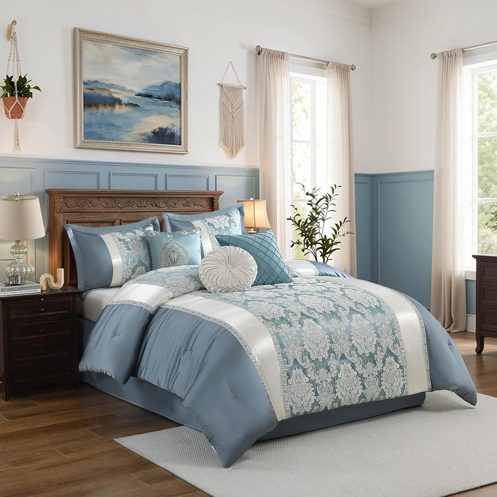 Queen Jacquard Comforter Set Teal Blue Cream - Luxury 7-Piece Bed in a Bag, Damask Patchwork Design, All Season Faux Silk Soft Fluffy Bedding with Bed Skirt, Shams, Pillows, 90'x90'