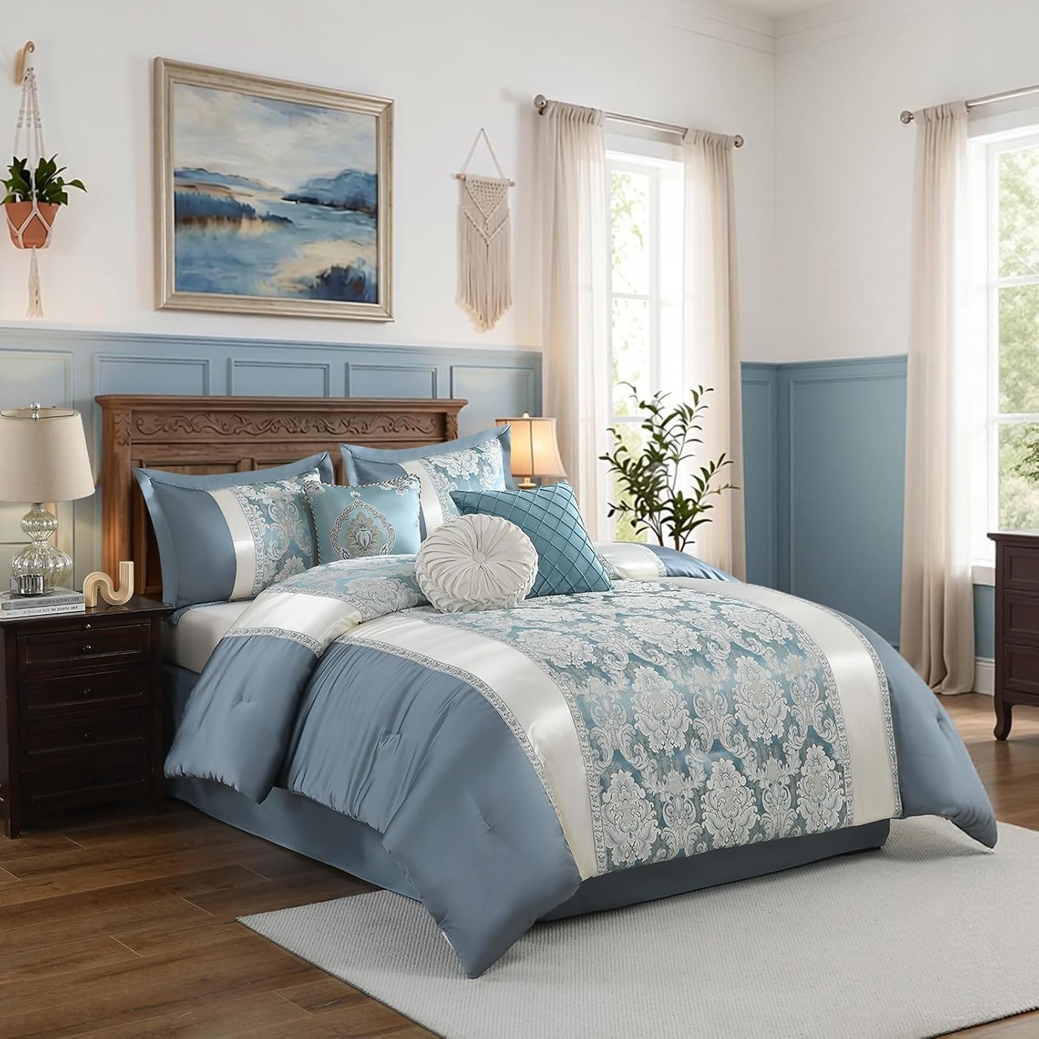 Queen Jacquard Comforter Set Teal Blue Cream - Luxury 7-Piece Bed in a Bag, Damask Patchwork Design, All Season Faux Silk Soft Fluffy Bedding with Bed Skirt, Shams, Pillows, 90'x90'