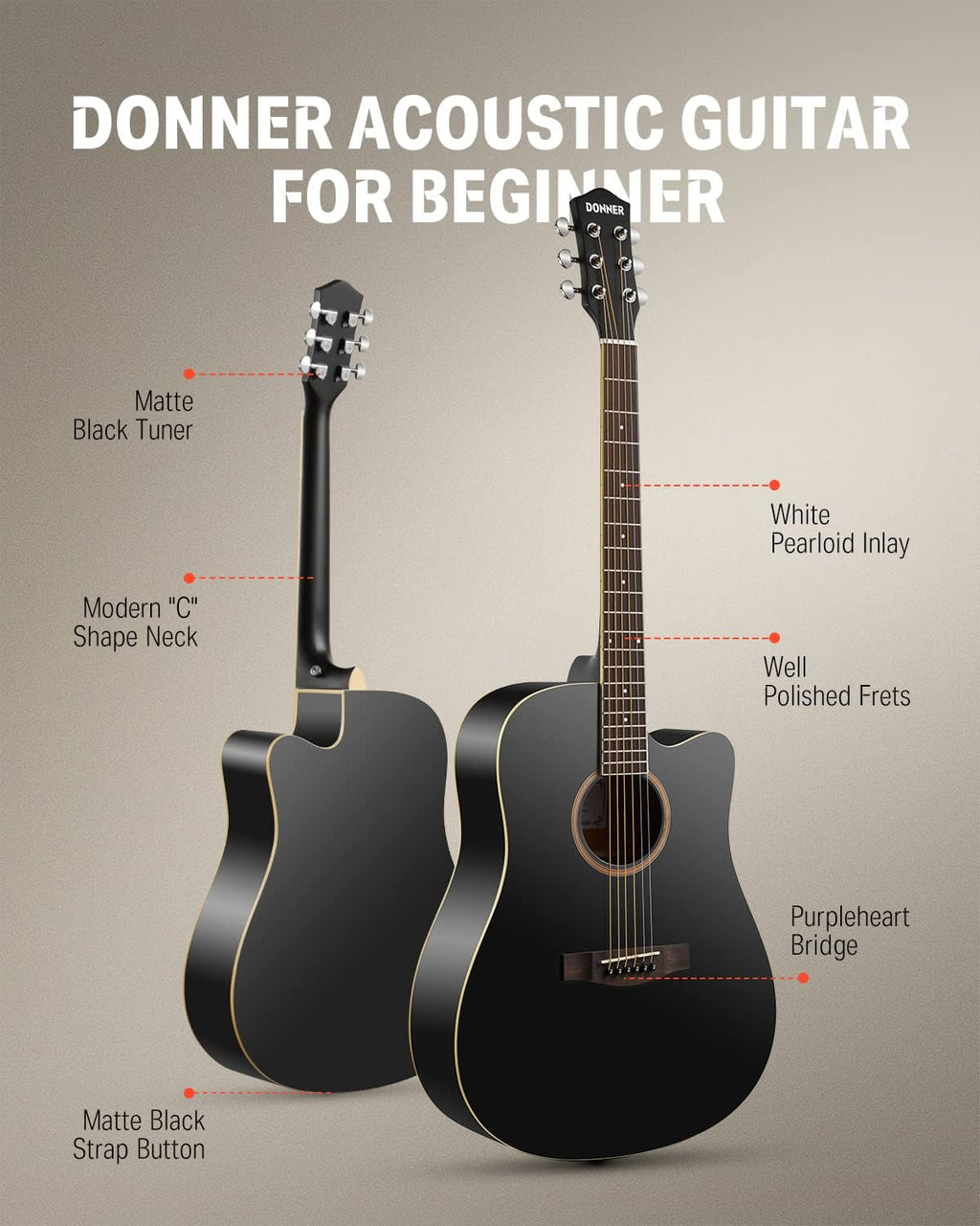 Donner Black Acoustic Guitar for Beginners, Adult, Teens, Starter Kits - Full Size 41'' Steel-String Acustica Guitarra Bundle Set with Free Online Lesson, Gig Bag, Strap, Tuner, Cutaway, DAG-1CB
