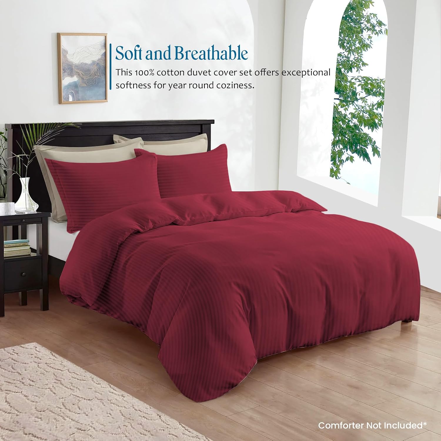 800TC 3 Sided Zipper Duvet Cover Set Soft Egyptian Cotton 3 Sided Zipper Closure, 3 PCS 1-Duvet Cover & 2- Pillow Shams - King-XL Size (98' x 116') Inches, (Burgundy Stripe)