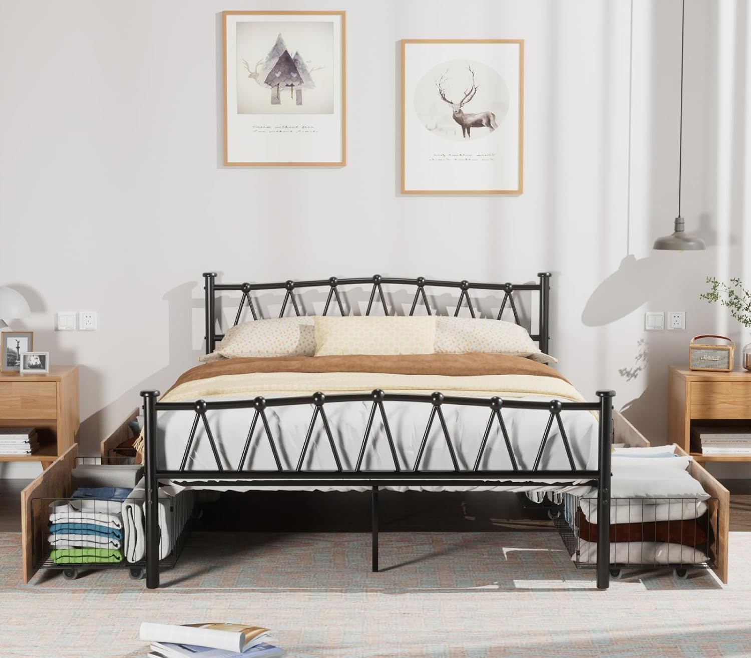 VECELO Queen Bed Frame with 4 Large Drawers,Queen Size Metal Platform Bed Frames with Headboard/Mattress Foundation/No Box Spring Needed