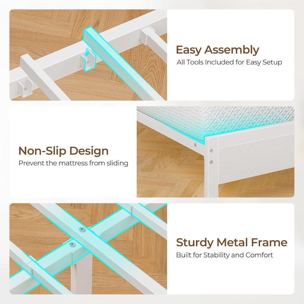 Seventable Queen Bed Frame with 4 Storage Drawers, Charging Station & LED Lights, Upholstered Headboard with 2-Tier Shelves, Metal Platform Bed, No Box Spring Needed, Noise-Free, White