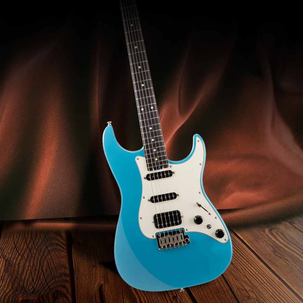 EART Electric Guitar DMX-9, 6 String Tremolo Bridge, Humbucker Pickups, Solid Body, 5-Way Switch Guitars (Gloss Pearl Blue)