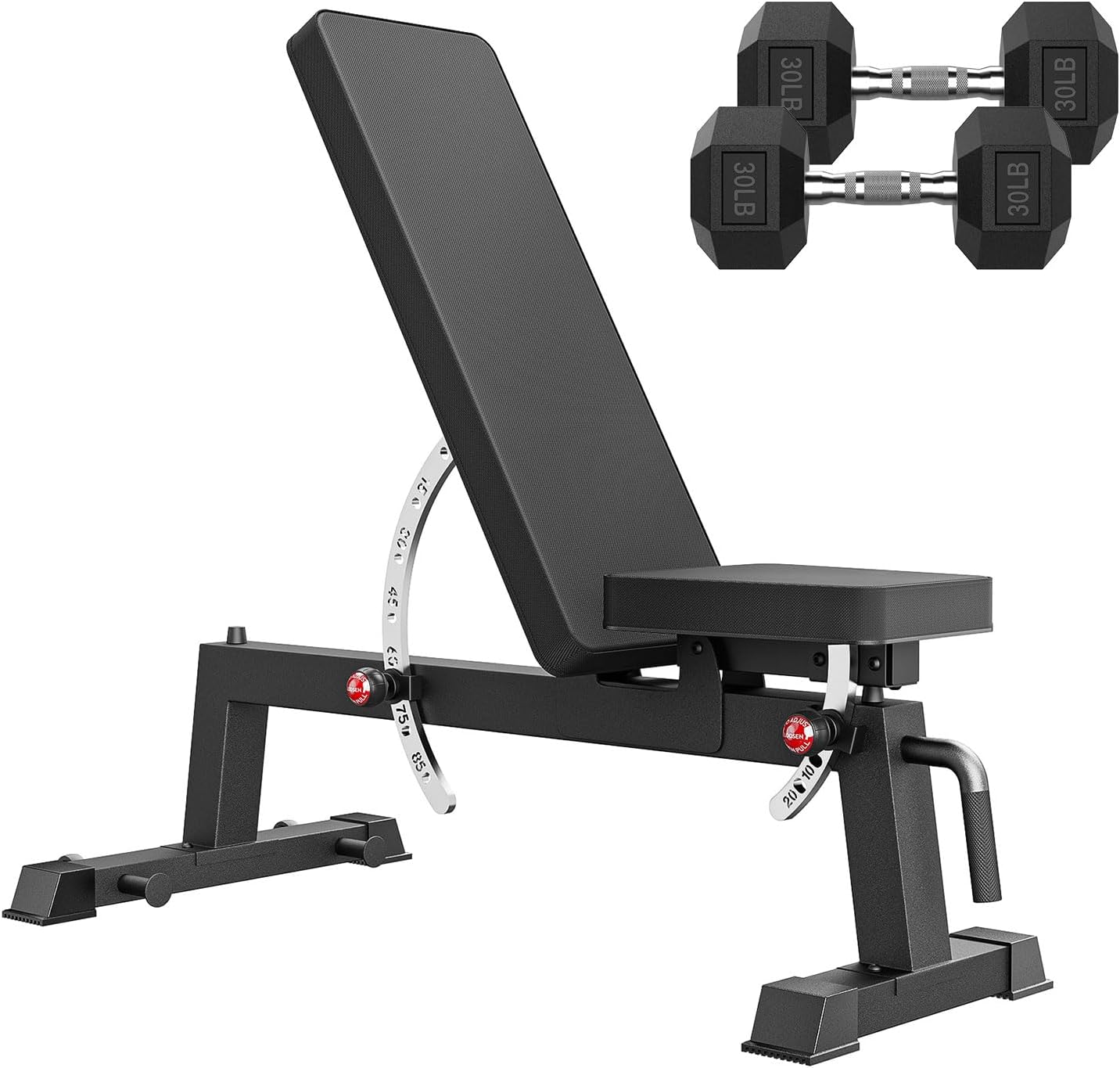 PAPABABE Adjustable Weight Bench with Weight Set, Heavy-Duty Workout Bench with Two-Way Angle Adjustment, Comfortable Extended & Easy-to-Clean Backrest, Transport Wheels & Easy Mobility for Home Gym