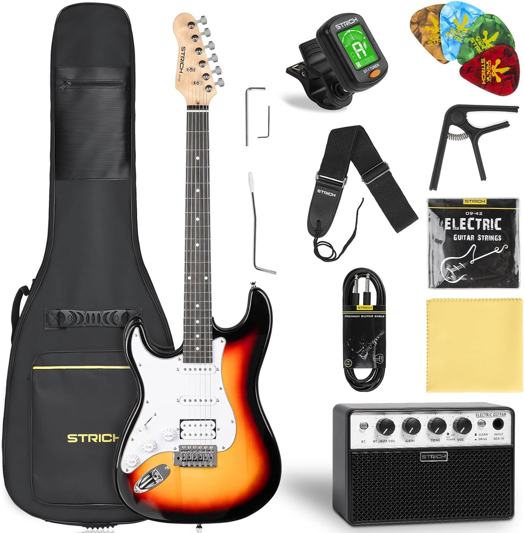 STRICH Electric Guitar Left Hand Beginner Kit, Solid Body 39' Electric Guitar HSS Pick Up for Starter, with 5W x 2 Amp, Bag, Capo, Strap, String,Cable, Picks, SST-S20L Sunburst