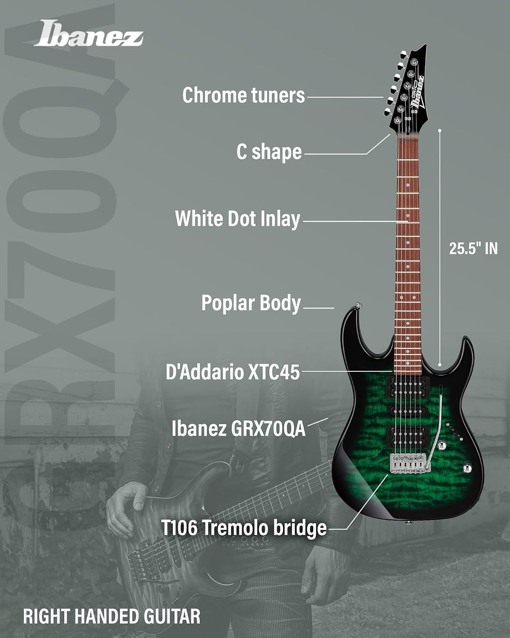 Ibanez GRX70QA RG Gio Electric Guitar - Transparent Emerald Burst Bundle with Amplifer, Gig Bag, Tuner, Instrument Cable, Picks, Austin Bazaar Instructional DVD, and Polishing Cloth