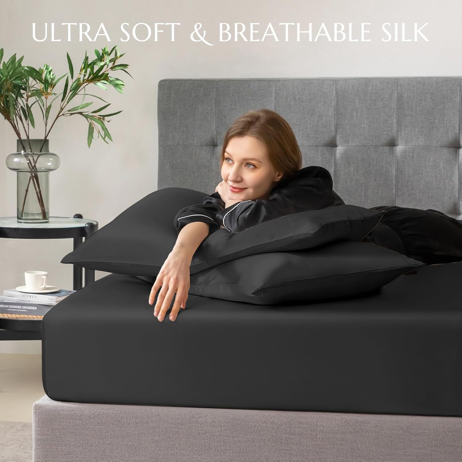 THXSILK 100% Mulberry Silk Fitted Sheet Set, 7A+ Silk 3 Pieces Bed Sheets, Breathable, Smooth, 16 Inch Deep Pocket Fitted Sheet, 2 Pillowcases - Black, King