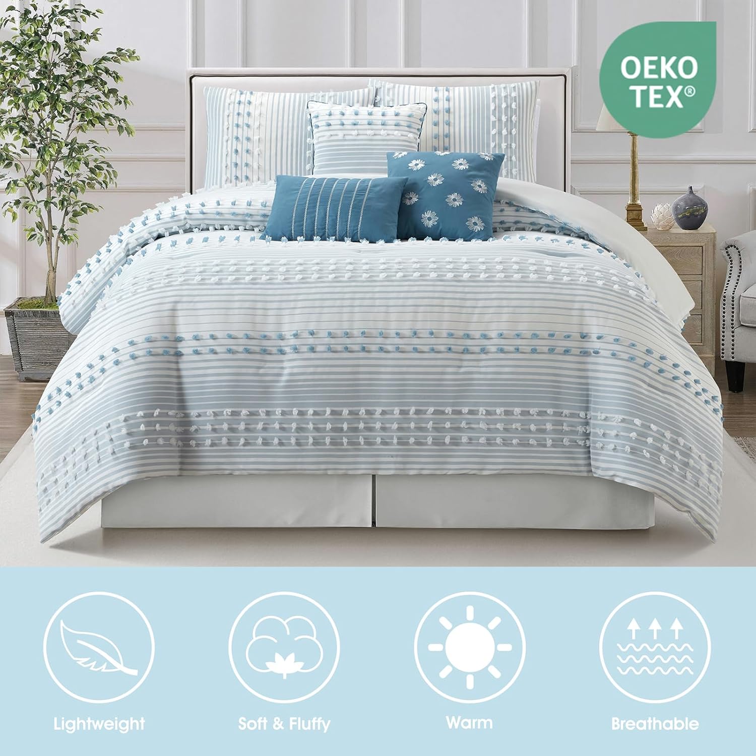 LANCO MODERN LIFESTYLE California King Comforter Set, Azure, Jaquard Clip Striped Design, Elegant Soft 7 Pieces Bedding Set for All Seasons, Matching Bedskirt, Pillow Shams and Decor Pillows