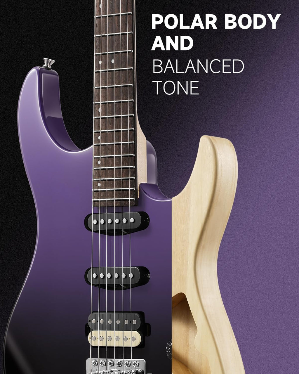 Donner DMT-66 Solid Body Electric Guitar Kit for Beginners, Full Size 39' Electric Guitar with HSS Pickups, Poplar Body, Maple Neck, Starter Guitar with Gig Bag, Strap, Whammy Bar Arm, Purplish Black