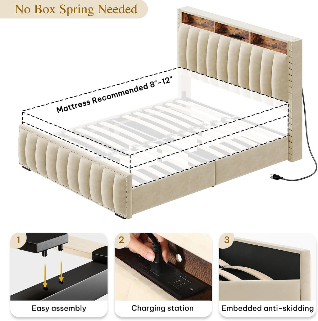 DWVO Full Size Bed Frame with 4 Storage Drawers and RGB LED Lights, Velvet Upholstered Platform Bed with Charging Station and Storage Headboard, No Box Spring Needed, Easy Assembly, Beige