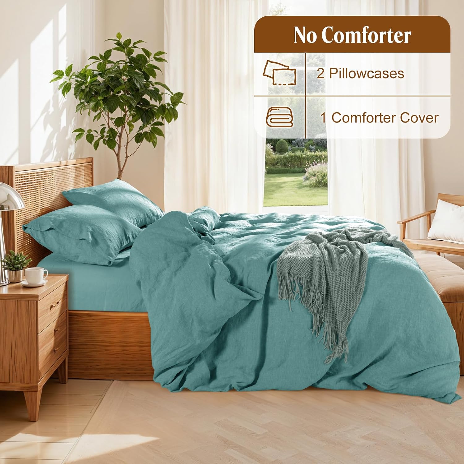 LBRO2M 100% France Linen Duvet Cover Set 3 Pcs Including 1 Flax Comforter Cover with Zipper Closure, 2 Pillowcase, Cozy Duvet Cover California King, Aqua