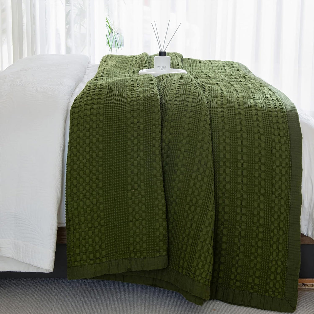 Sanracie Cotton Oversized King Bedspread Quilt(120'x120'),Olive Green Waffle Quilt Coverlet Set 3Pcs Extra Large King Quilt Bedding Set,Farmhouse Coverlet Quilt Set Shabby Vintage Chic Bedding