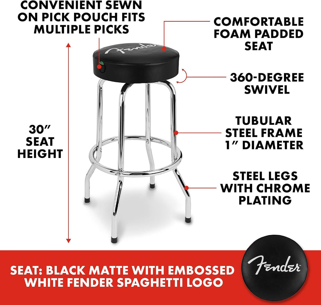Fender Spaghetti Logo Swivel Barstool with Guitar Picks Pouch, Great Gifts for Dad, with 1 Year Limited Warranty, Simple Assembly, Black/Black, 30'
