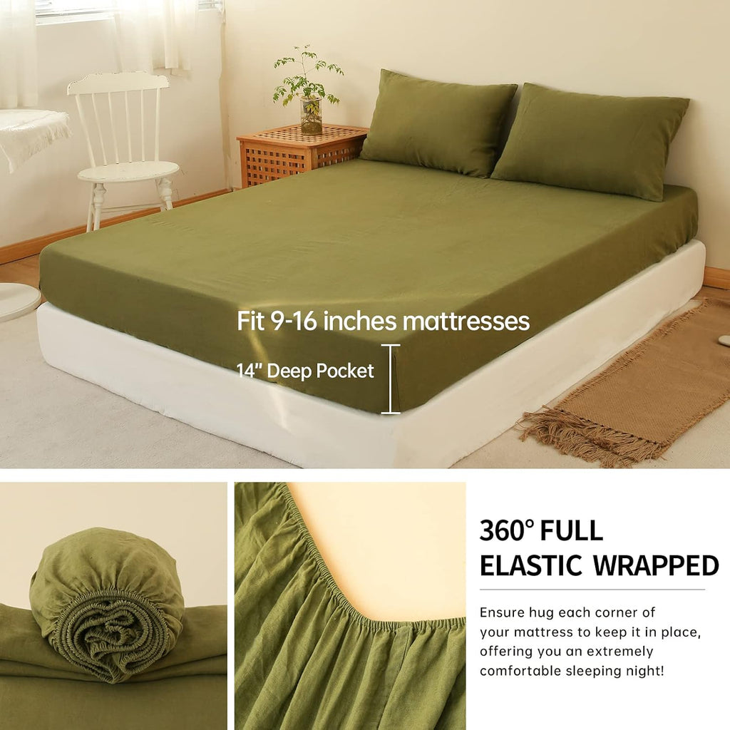 Simple&Opulence 100% Linen Sheet Set 3pcs Basic Style, Deep Pocket, Natural French Washed Flax Solid Color Soft Breathable Bed Sheets - Olive Green, Twin