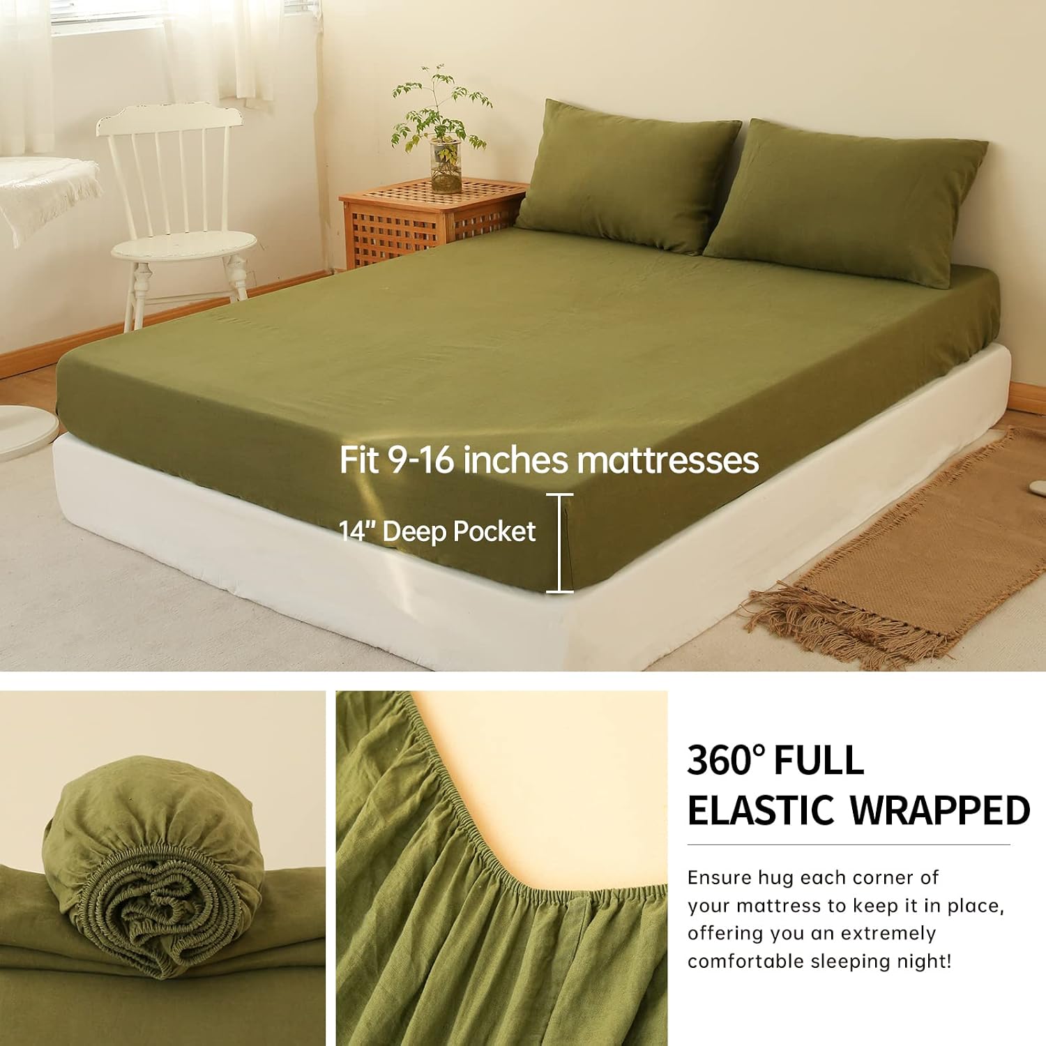 Simple&Opulence 100% Linen Sheet Set 4pcs Basic Style, Deep Pocket, Natural French Washed Flax Solid Color Soft Breathable Bed Sheets - Olive Green, Queen