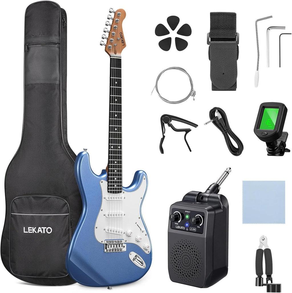 LEKATO Beginner Electric Guitar Kit 39 Inch Full Size Solid Body Guitar SSS for Starter Roasted Maple Neck Stainless Steel Frets, 5w Plug-in Amp, Bag, Tuner, Capo, Strap, Picks, String, Cable - Blue