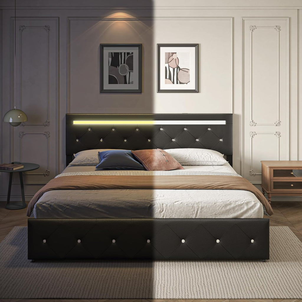 Bed Frame Queen Size with LED Light and Storage Drawers, Adjustable Headboard with PU Leather Upholstered, 2 Sockets and 2 USB Ports, No Box Spring Needed, Wooden Slats Support, Black