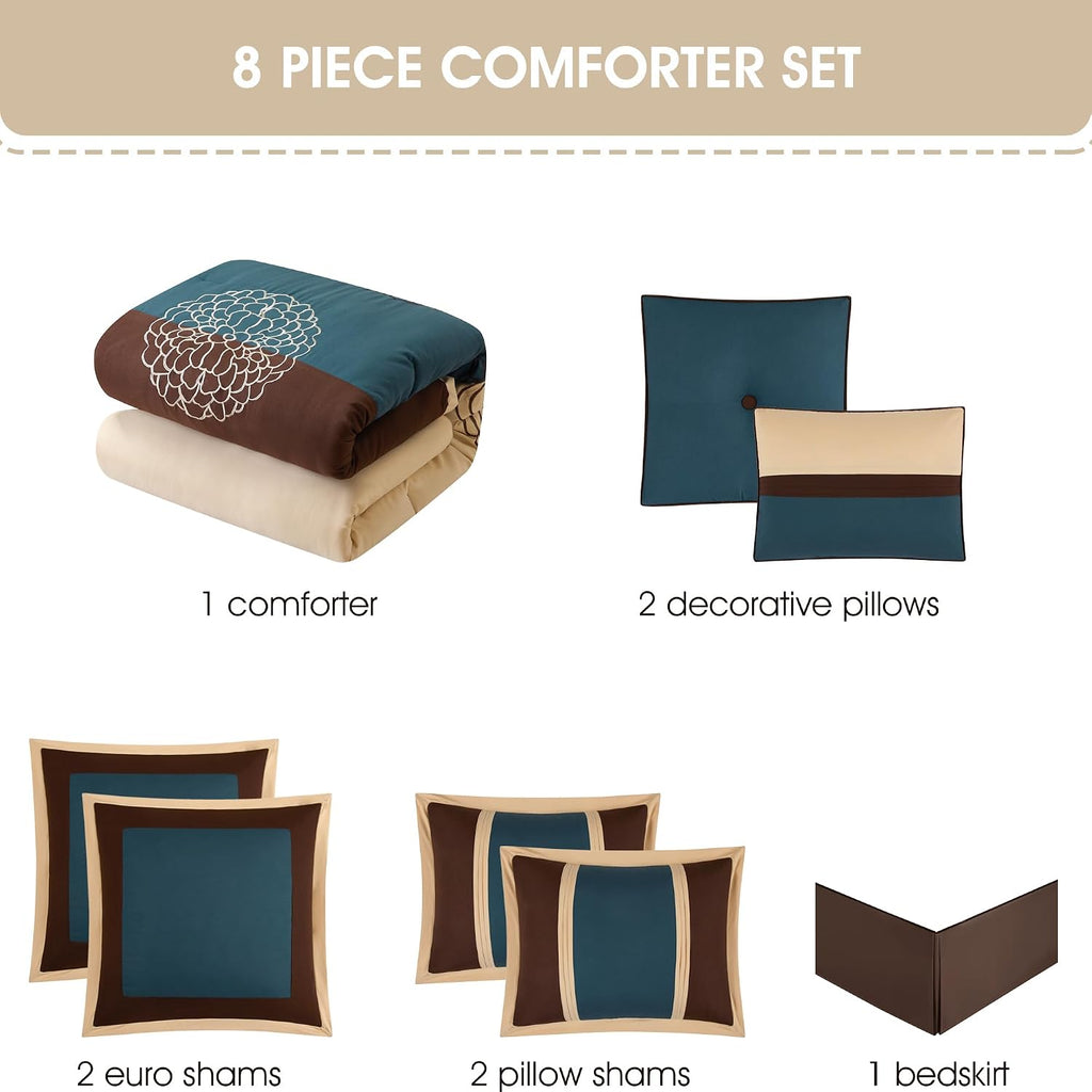 Grand Avenue Brown/Blue Cal King Comforter Set, 8 Piece, Ultra Soft, Premium Microfiber, Bedskirt, Pillows & Shams, Home Decor