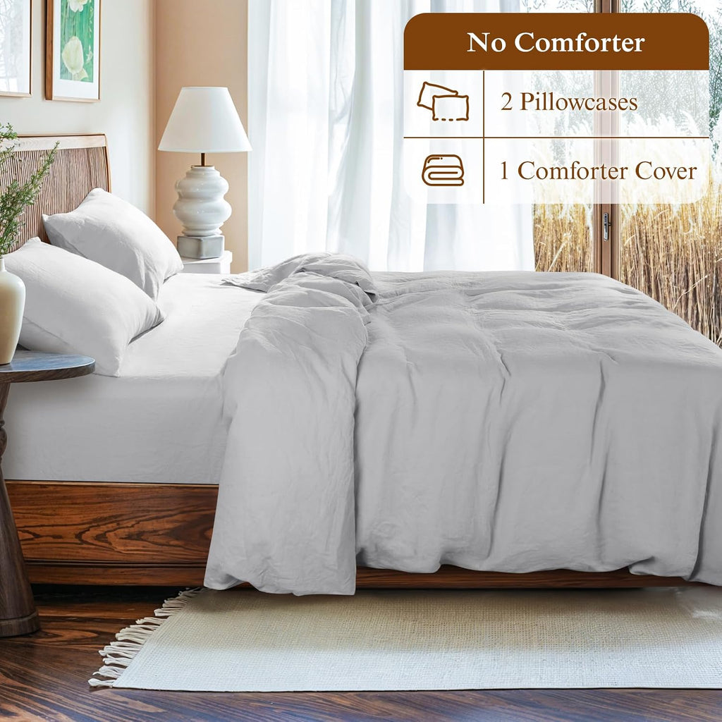 LBRO2M 100% France Linen Duvet Cover Set 3 Pcs Natural Flax Duvet Cover Set 2 Pillowcase 1 Duvet Cover with Zipper (Gray Full)