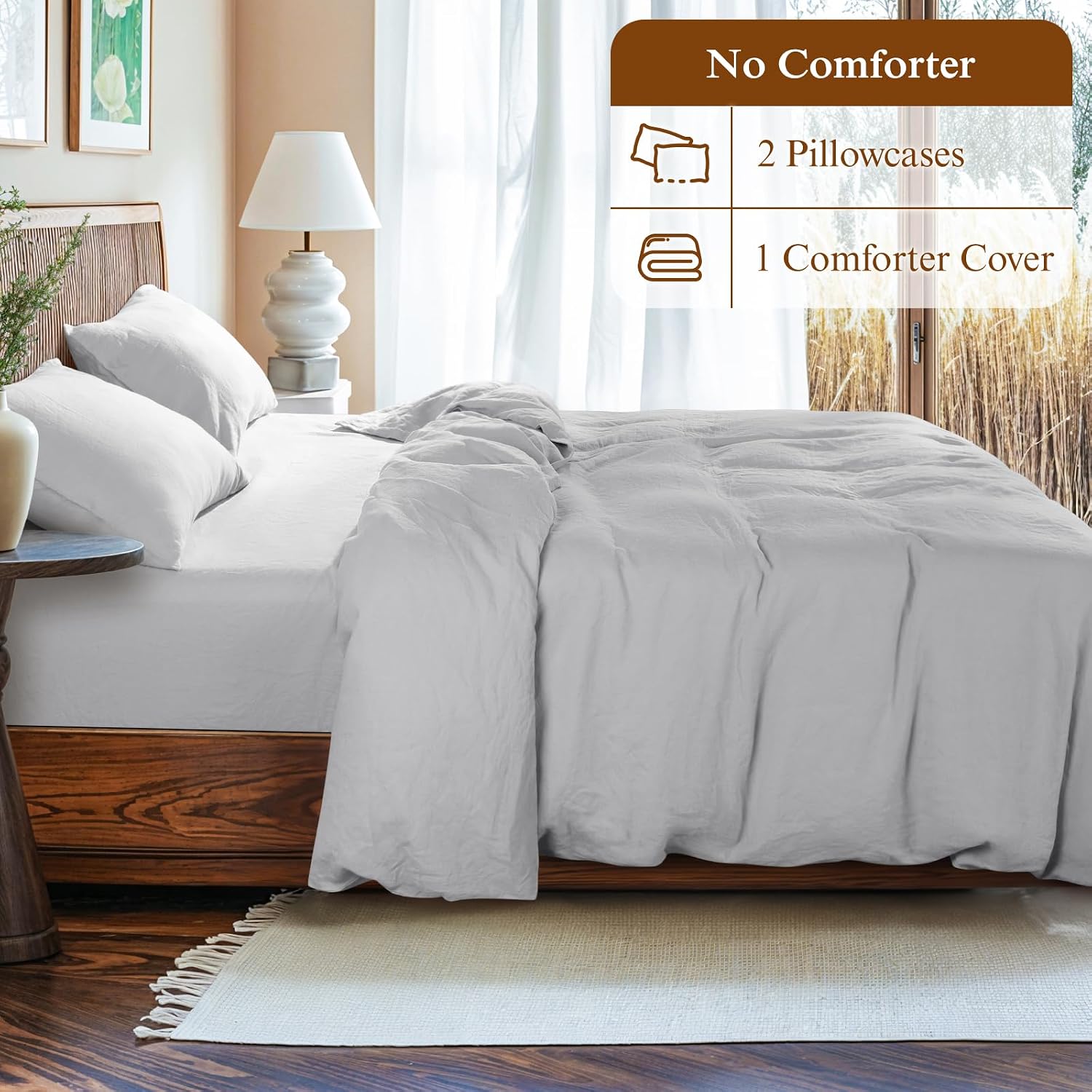 LBRO2M 100% France Linen Duvet Cover Set 3 Pcs Natural Flax Duvet Cover Set 2 Pillowcase 1 Duvet Cover with Zipper (Gray King)