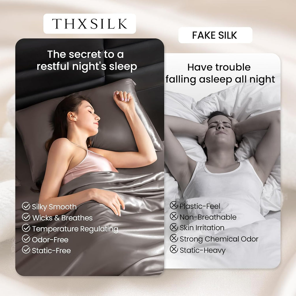 THXSILK Silk Sheet Set 4 Pcs, King Size Sheet Set, 22 Momme 7A+ Silk Sheets, Soft and Breathable Bed Sheets with 1 Flat Sheet, 1 Fitted Sheet, 2 Pillow Shams, Charcoal