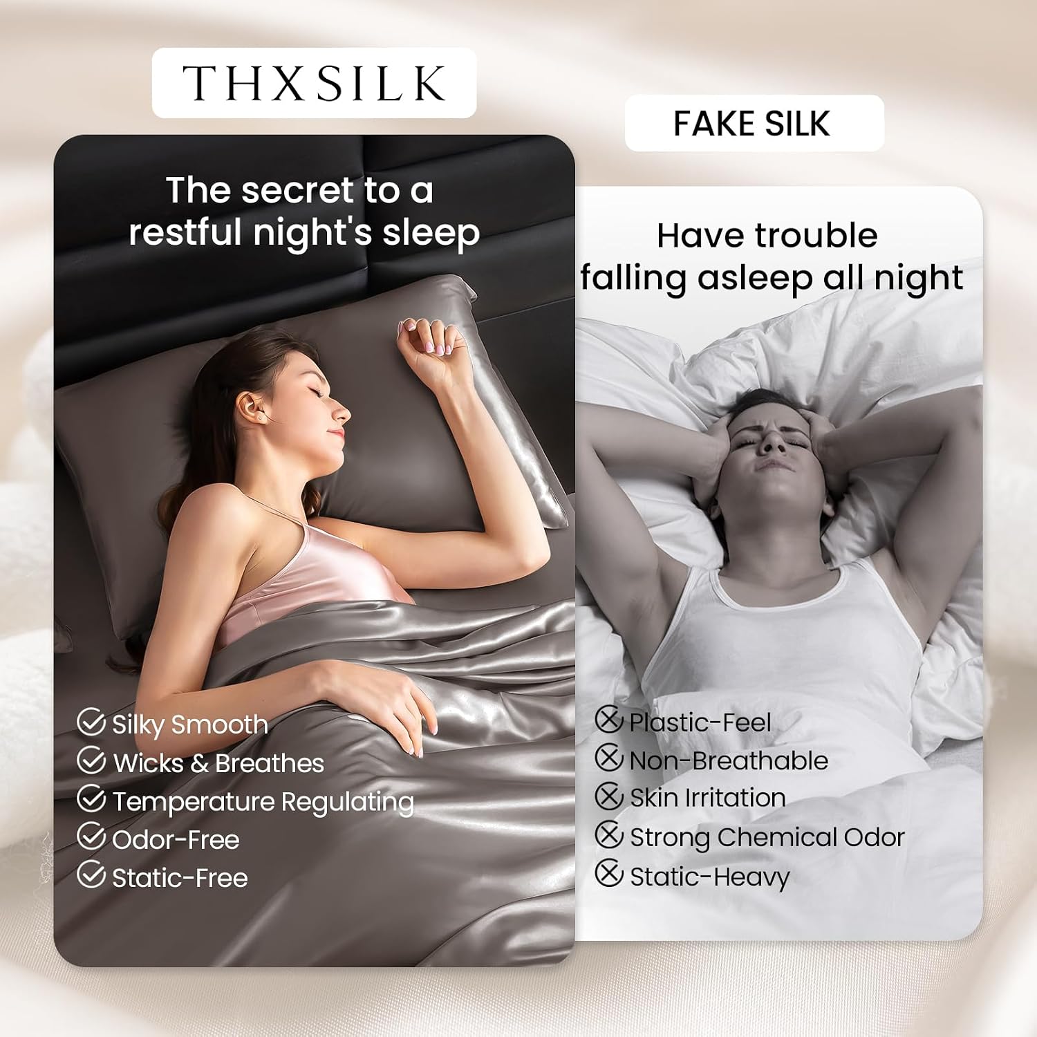 THXSILK Silk Sheet Set 4 Pcs, King Size Sheet Set, 22 Momme 7A+ Silk Sheets, Soft and Breathable Bed Sheets with 1 Flat Sheet, 1 Fitted Sheet, 2 Pillow Shams, Charcoal